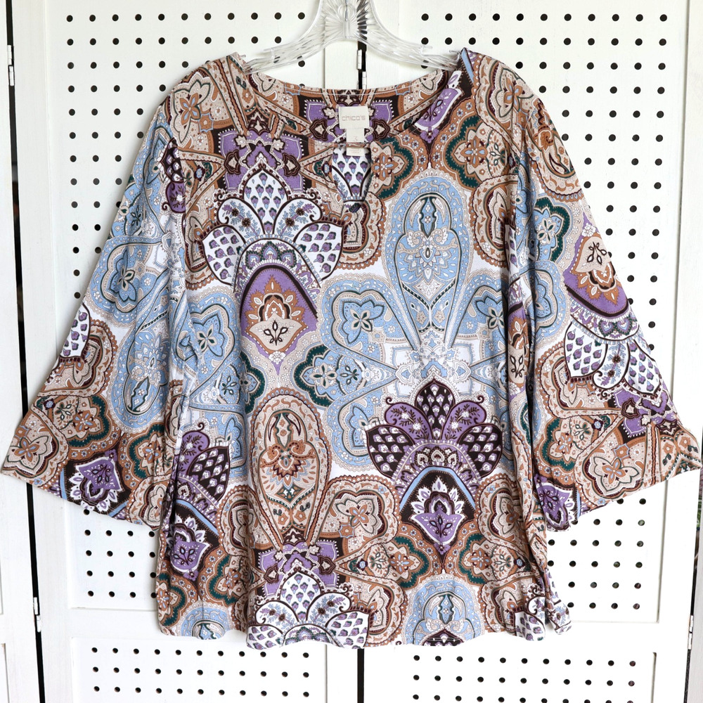 Chicos Womens SIZE 3 XL Purple Blue Paisley Keyhole Neck 3/4 Bell Sleeves